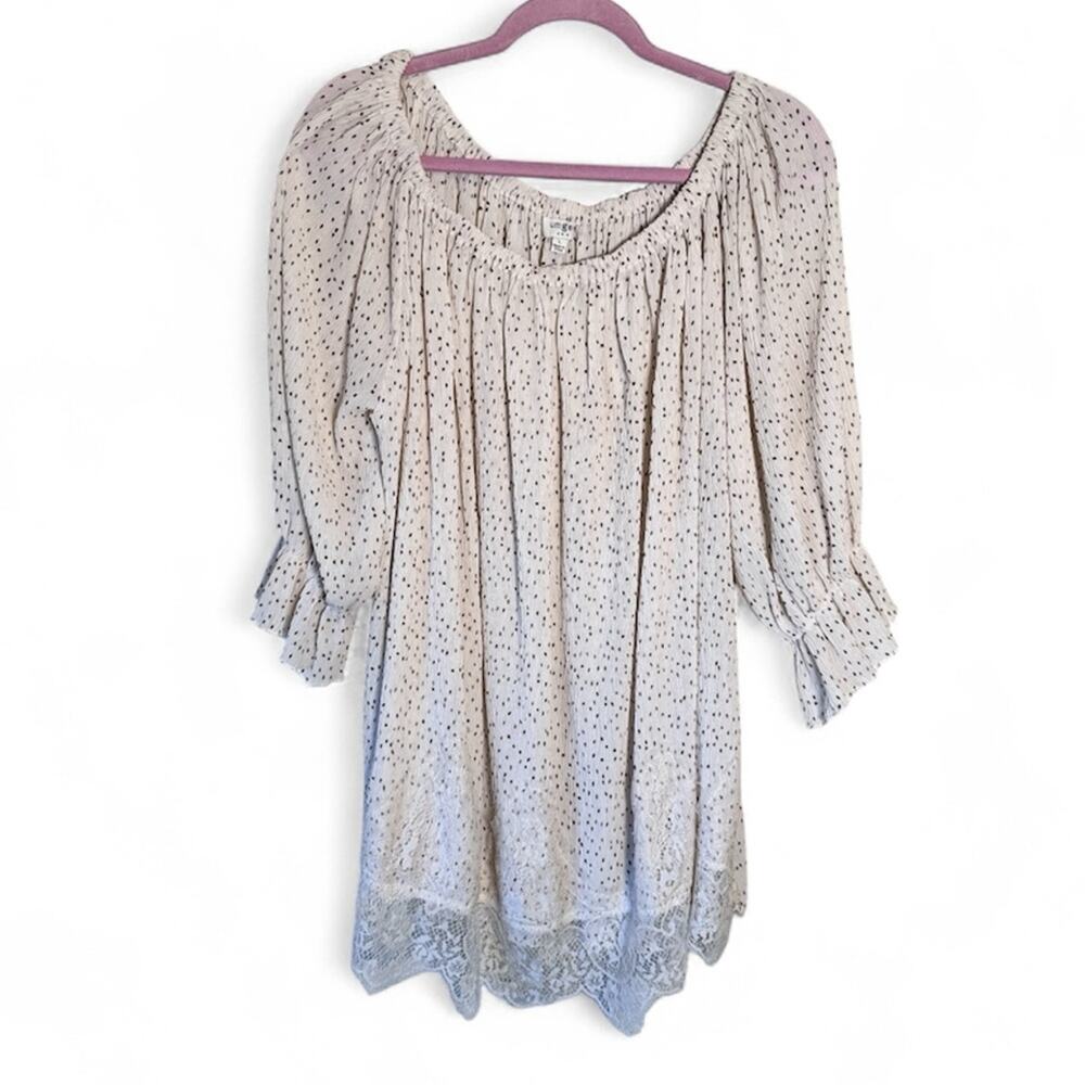 Umgee White Polka Dot Lace Trim Tunic Blouse Women’s L Short Sleeve Shirt Top